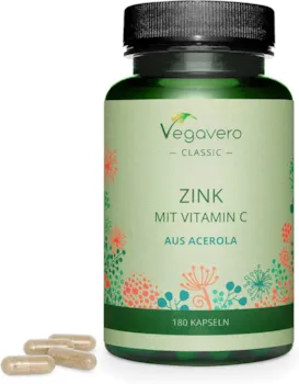 Vegavero ZINK Kapseln Mit Vitamin C 15 mg Zink (150% NRV) pro Kapsel Zinkbisglycinat gut verträglich 100% VEGAN | Immunsystem & Haut* | 180 Kapseln | Ohne Zusätze