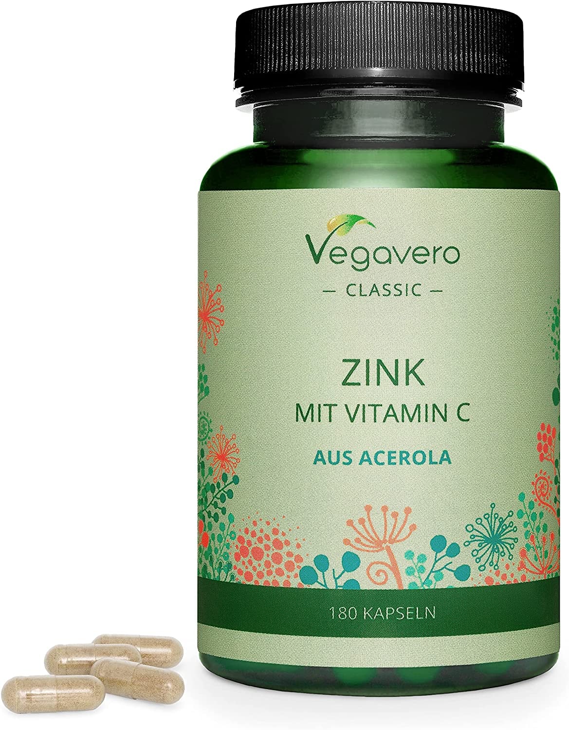 Produktbild von Vegavero ZINK Kapseln Mit Vitamin C 15 mg Zink (150% NRV) pro Kapsel Zinkbisglycinat gut verträglich 100% VEGAN | Immunsystem & Haut* | 180 Kapseln | Ohne Zusätze