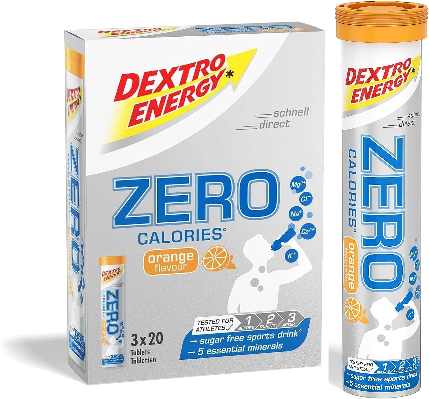 Produktbild von Bewertung Dextro Energy Elektrolyte Tabletten ohne Zucker 3er Pack Orange zuckerfrei Electrolyte Tablets mit Mineralstoffen Anti-Kater Elektrolyte Tabletten