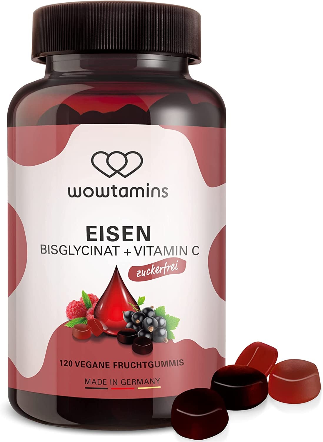 Produktbild von wowtamins EISEN Bisglycinat (Eisen-Chelat) zuckerfrei-als leckere Fruchtgummis (120 Stück) - mit Vitamin C - vegan, laborgeprüft, Made in Germany