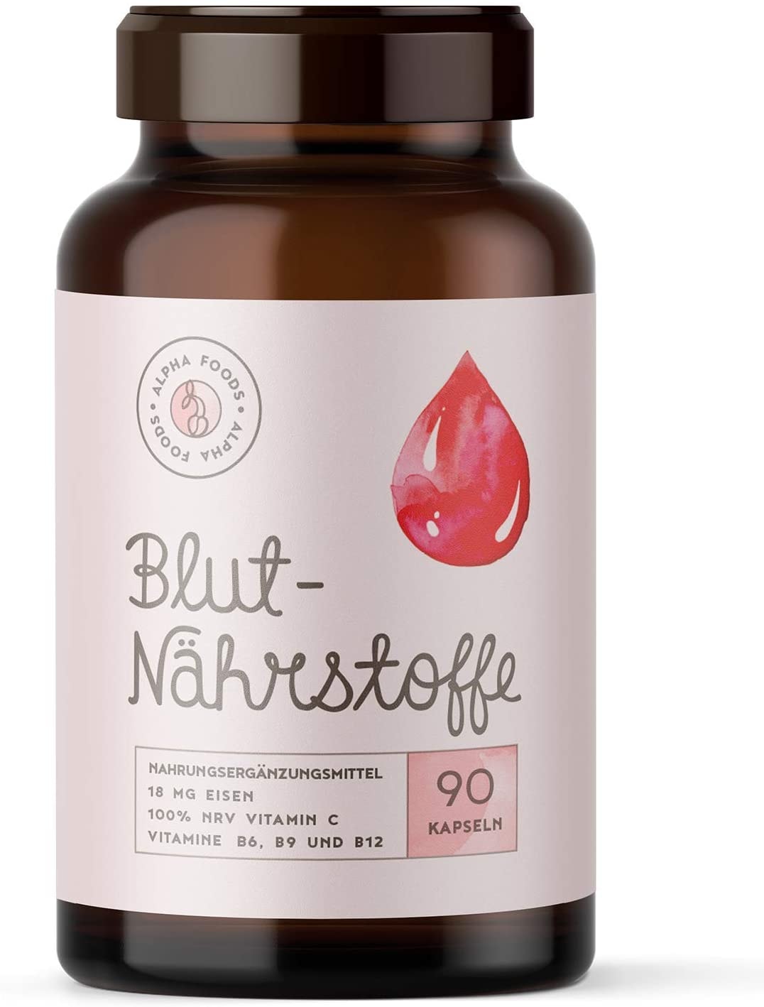 Produktbild von Alpha Foods Blutnährstoffe - Gesundes Blut, Mit Eisen, Vitamin B6 und B12, Folate, Vitamin C, Himbeeren, Goji und Açai - 90 Kapseln