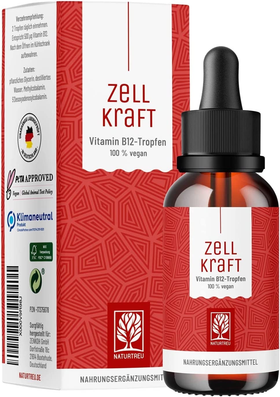 Produktbild von Bewertung ZELLKRAFT NATURTREU Vitamin B12 Tropfen 50ml hochdosiert 250µg je Tropfen vegan & alkoholfrei Methylcobalamin & Adenosyl (4:1 Verhältnis)