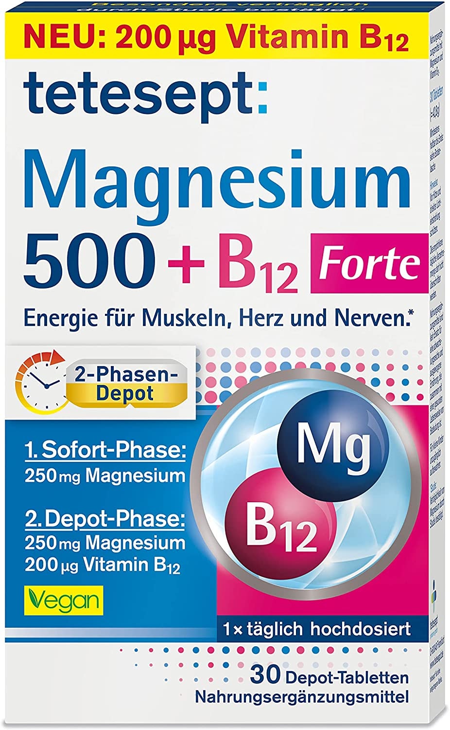 Produktbild von tetesept Magnesium 500 + B12 Depot - hochdosiert – Magnesium und Vitamin B12 Kombipräparat mit 2-Phasen-Depot - Energie für Muskeln, Herz und Nerven – 1 x 30 Tabletten [Nahrungsergänzungsmittel]