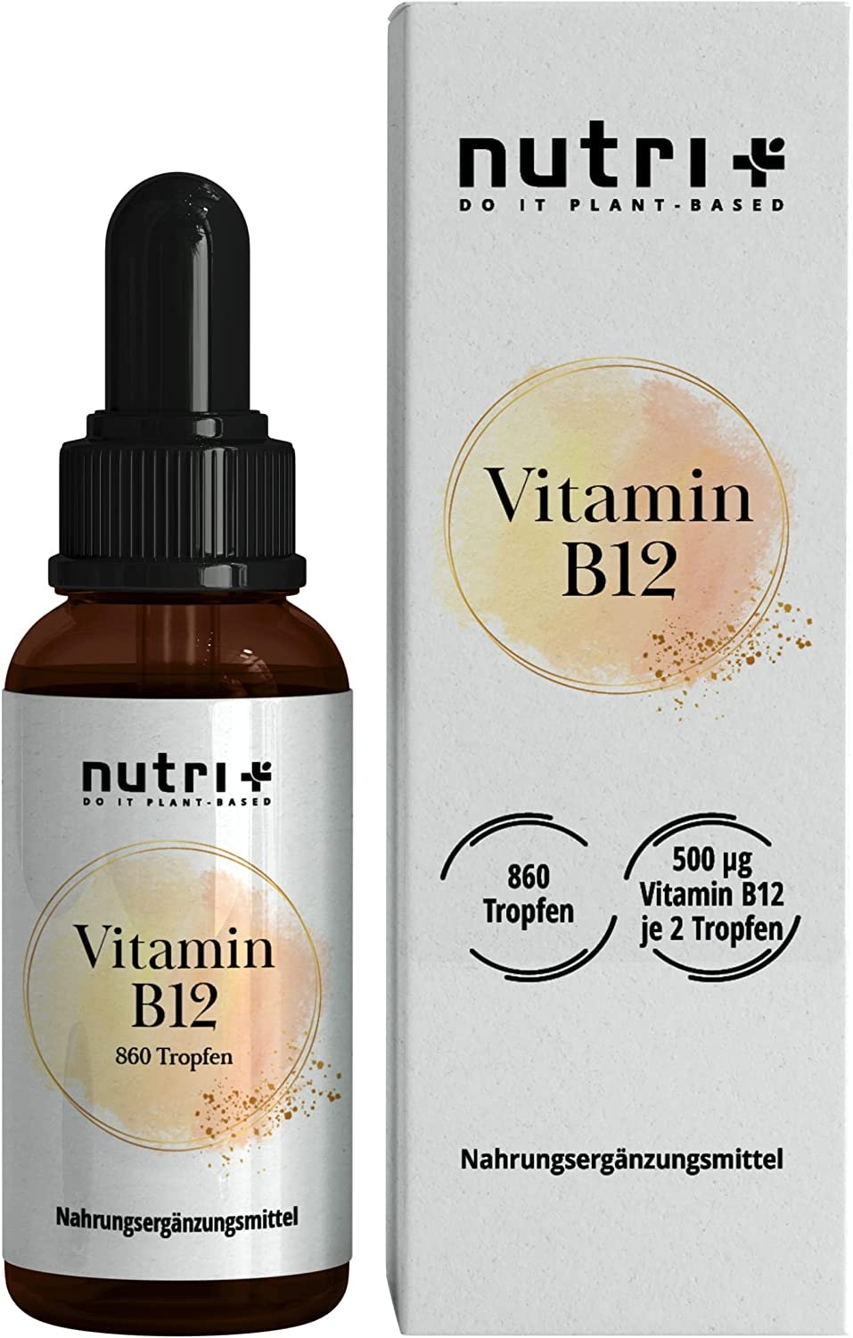 Produktbild von nutri + B12 Tropfen Hochdosiert Vegan Vitamin B12 Flüssig 500µg Nutri + Aktiv Complex Drops mit Aktivformen Methylcobalamin und Adenosylcobalamin - ohne Alkohol und Zusätze