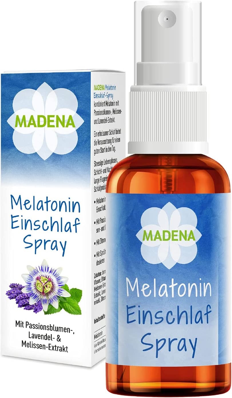 MADENA Melatonin Schlaf- Einschlaf-Spray, ohne Konservierungsstoffe und Süßungsmittel, mit Extrakten aus Passionsblume, Melisse, Lavendel, vegan, Diffuser mit Sofort-Effekt