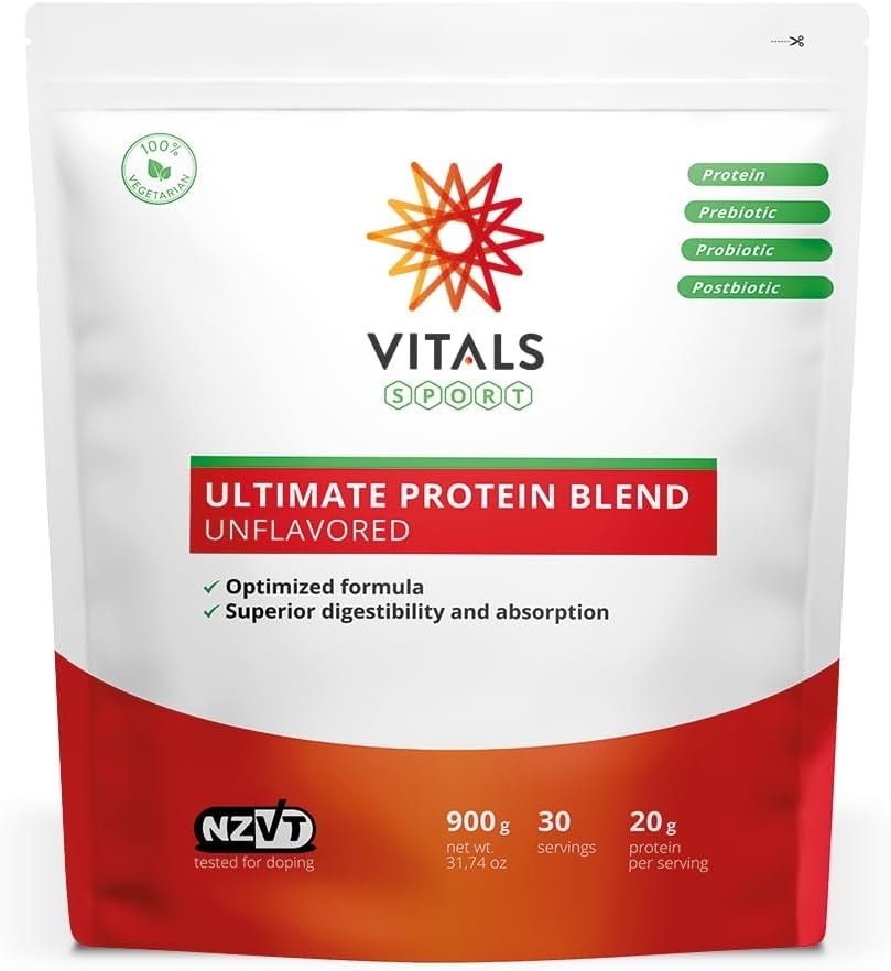 Produktbild von Bewertung VITALS Ultimate Protein Blend Standbeutel 900 Gramm einzigartige Mischung aus fermentiertem Molkenprotein, ergänzt mit speziell ausgewählten Prä-, Pro- und Postbiotika