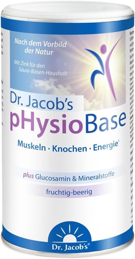 Produktbild von Bewertung Dr. Jacobs pHysioBase 300g Dose vegan für Sport Muskeln Knochen Immunsystem mit echten Beeren Glucosamin auf Basis von Citrat Laktat Kalium Magnesium Calcium Vitamin C