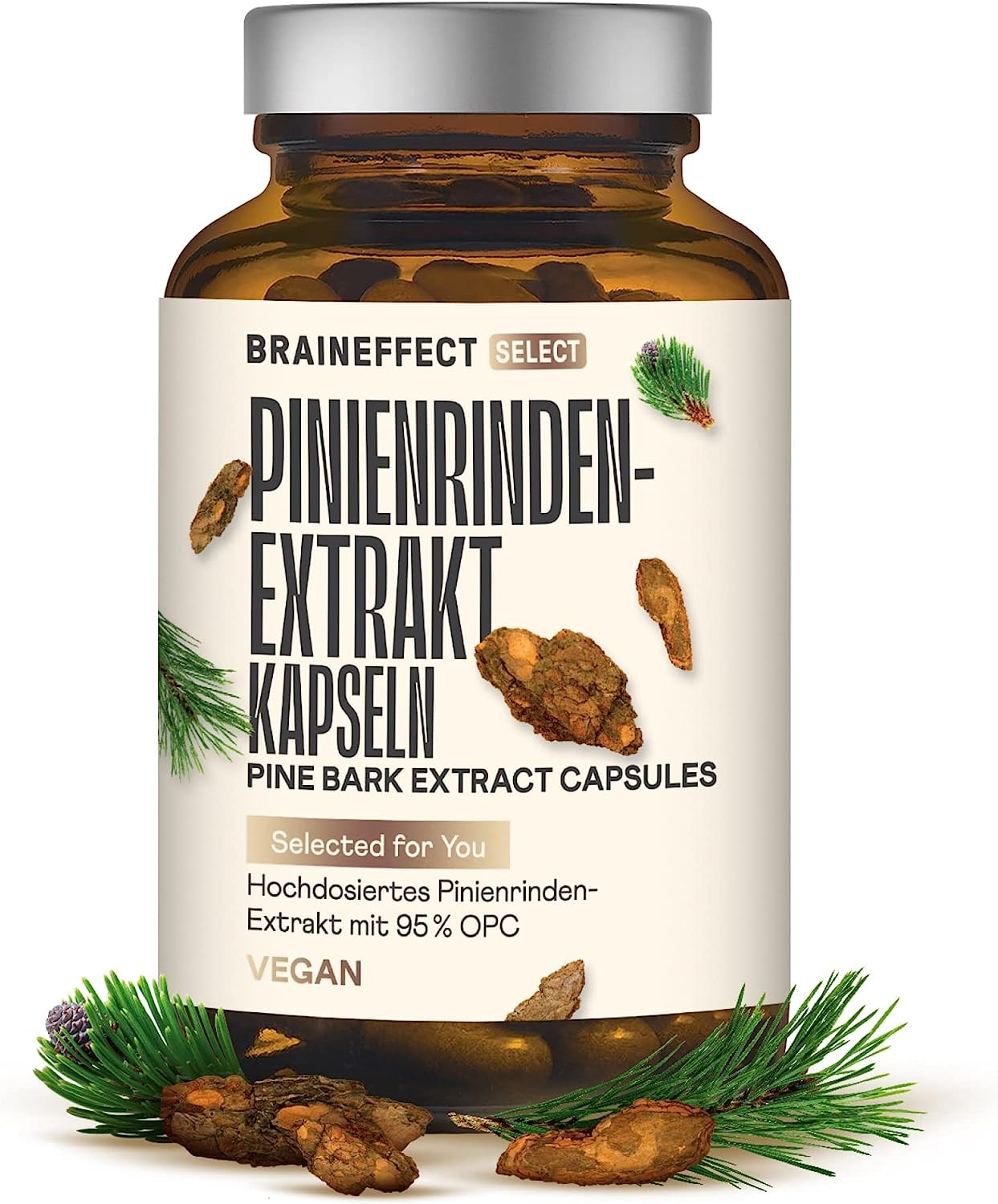 Produktbild von Bewertung BRAINEFFECT Pinienrindenextrakt hochdosiert als Kiefernrindenextrakt Kapseln Laborgeprüft nach deutschen Standards Kiefernrinden Extrakt 120 Pinienrinde Extrakt Kapseln im Braunglas