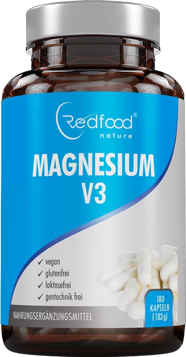 Redfood - Magnesium V3 Kapseln • 180 Kapseln (6 Monatsvorrat) 300mg elementares Magnesium vegan • Redfood - Magnesium-Carbonat + Magnesium-Citrat + Magnesium • Oxid-Beste Bioverfügbarkeit ohne Magnesiumstearat