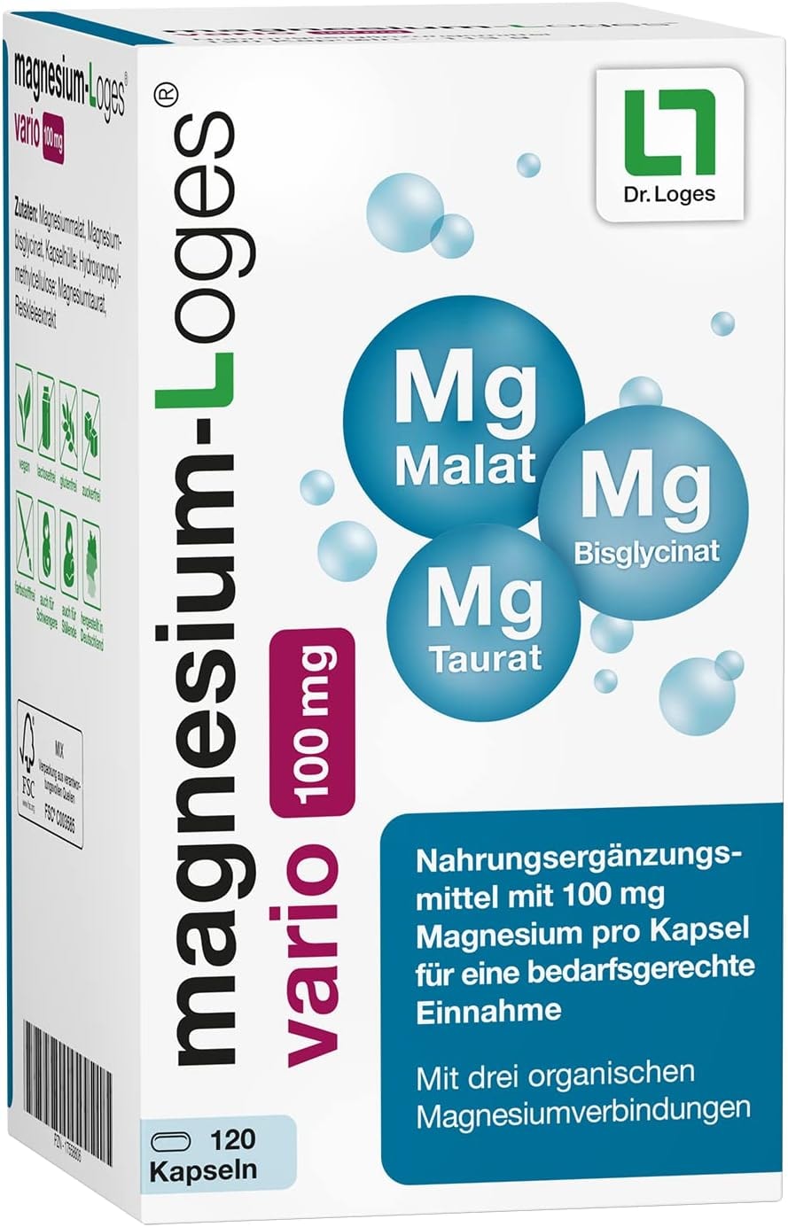 Produktbild von Bewertung Dr. Loges magnesium-Loges vario 100 mg 120 Kapseln Nahrungsergänzungsmittel mit 100 mg Magnesium für eine bedarfsgerechte Einnahme