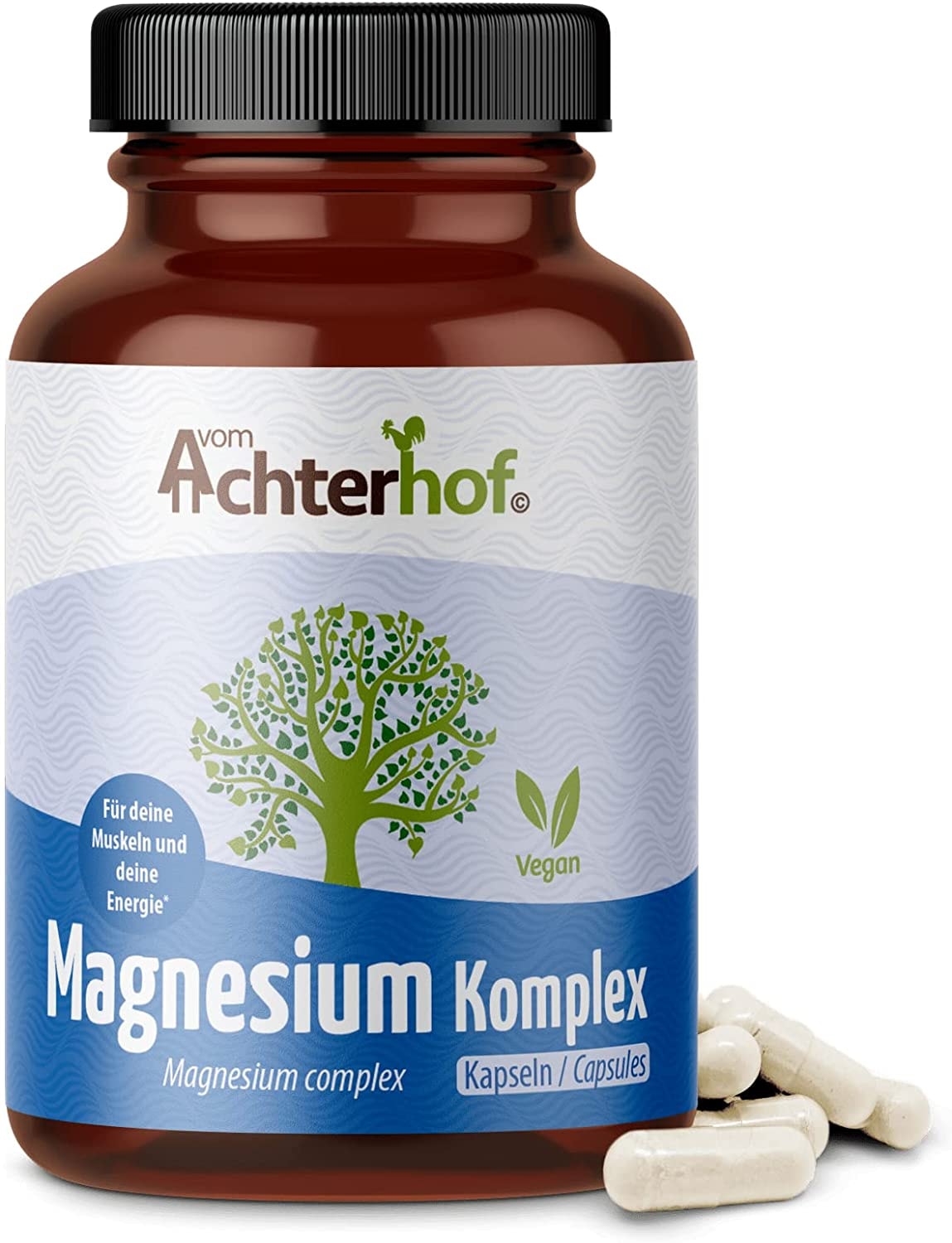 Produktbild von Bewertung Achterhof Magnesium Komplex 180 Kapseln hochdosiert 854mg Magnesium aus 3 elementaren Magenesium Komponenten Magnesiumtaurat Magnesiummalat Magnsiumbisglycinat hohe Bioverfügbarkeit vom Achterhof