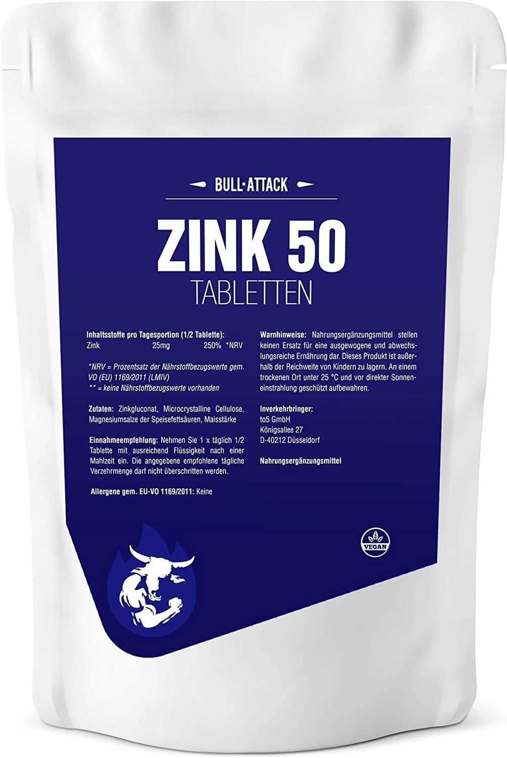BULL ATTACK SPORT SUPPLEMENTS Zink 50mg Depot Tabletten - 1000 vegane Tabletten - reines Zink Gluconat hochdosiert - für Akne, Immunsystem, Muskelaufbau, Testosteron