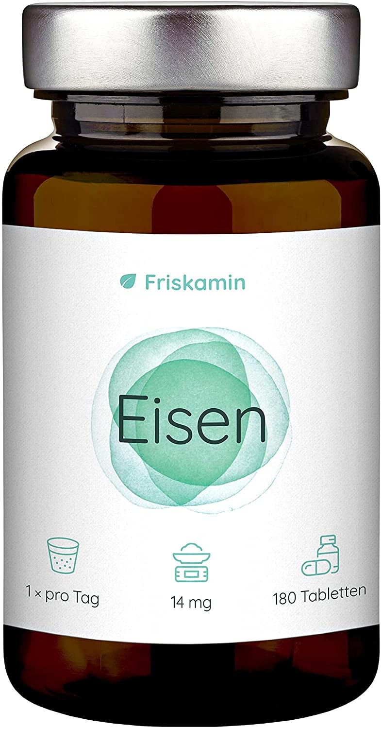 Produktbild von Friskamin Eisen 14 mg vegan - 180 Tabletten entsprechen einer 6 Monate Dosis - Eisenbisglycinat in Deutschland hergestellt - Iron Supplement - 100% NRV - Eisenpräparat