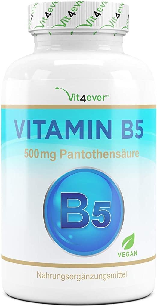 Produktbild von Vit4ever Vitamin B5 mit 500 mg - 180 Kapseln - Pantothensäure - Hochdosiert - Vegan - Laborgeprüft (Wirkstoffgehalt & Reinheit) - B Vitamin für Haut & Nerven - Premium Qualität