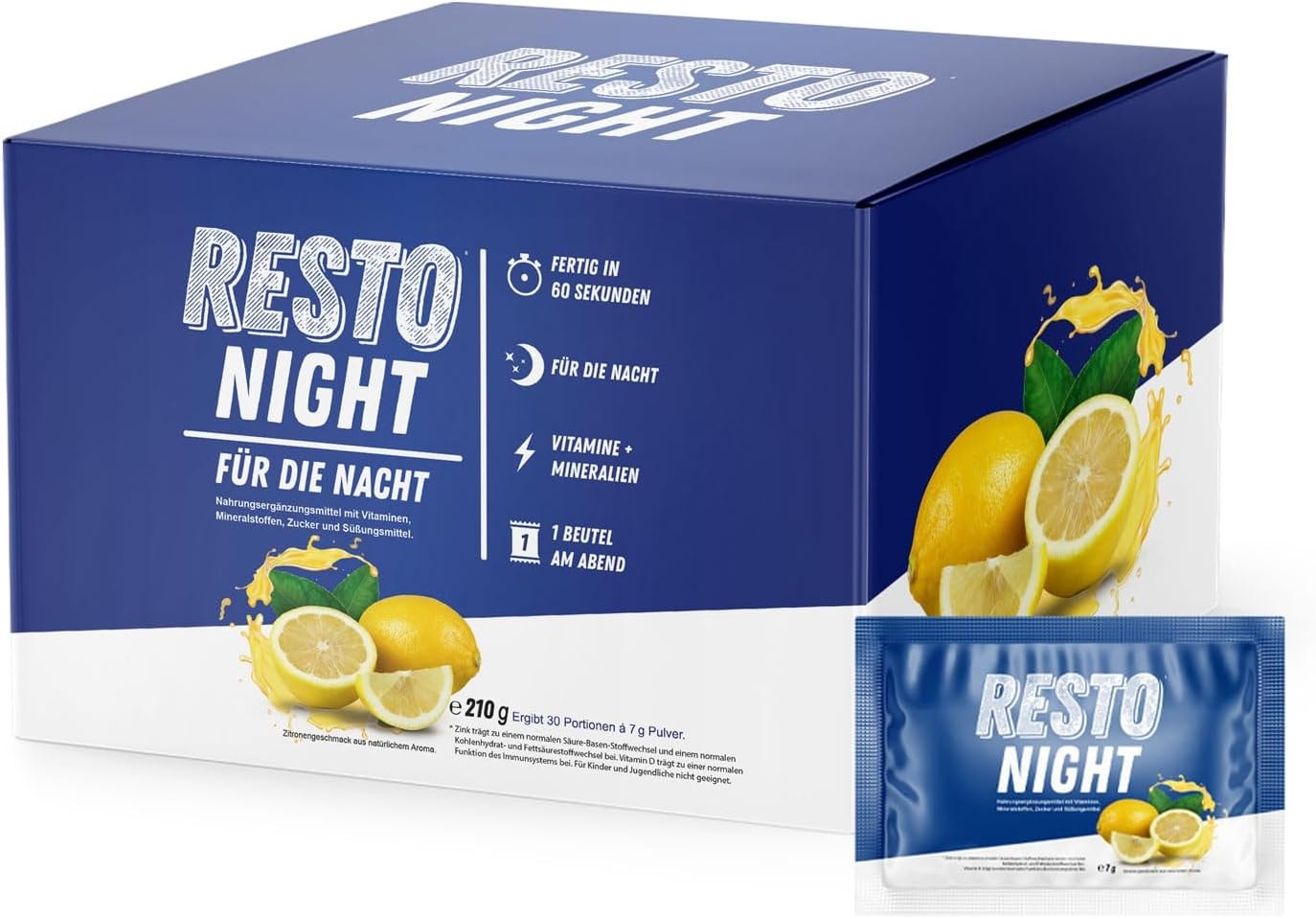 Produktbild von Bewertung RestoNight Citrus Vitamin Drink Nahrungsergänzungsmittel mit Vitaminen, Mineralstoffen und Spurenelementen Schlafhilfe Erwachsene (1 x 210g)