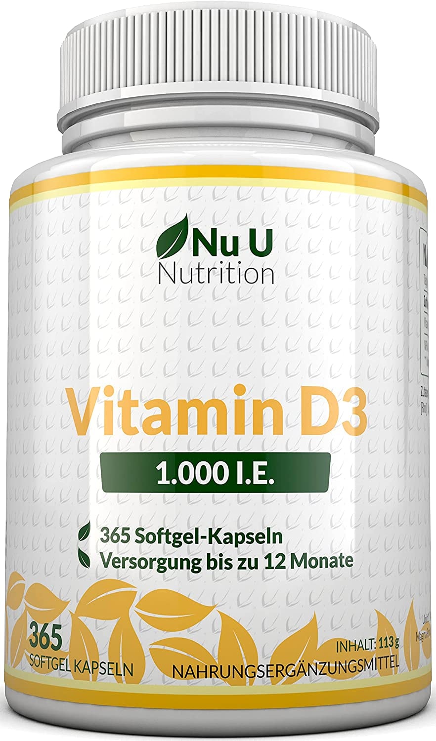 Produktbild von Nu U Nutrition Vitamin D3 1.000 I.E. hochdosiert für Knochen, Zähne & Immunsystem Jahresversorgung 100% Geld-zurück-Garantie 365 Softgel-Kapseln Nahrungsergänzungsmittel von Nu U