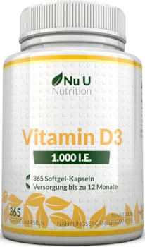 Produktbild von Nu U Nutrition Vitamin D3 1.000 I.E. hochdosiert für Knochen, Zähne & Immunsystem Jahresversorgung 100% Geld-zurück-Garantie 365 Softgel-Kapseln Nahrungsergänzungsmittel von Nu U