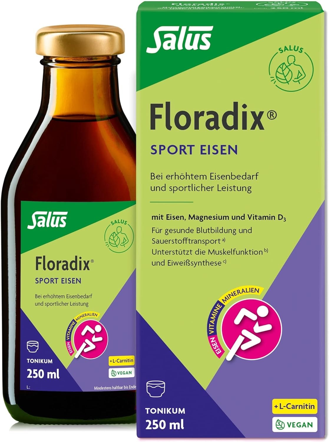 Produktbild von Bewertung Floradix Sport Eisen Tonikum vegan mit Kräuterextrakten 1x 250 ml bei erhöhtem Eisenbedarf und sportlicher Leistung mit Eisen Vitaminen und Mineralstoffen Salus