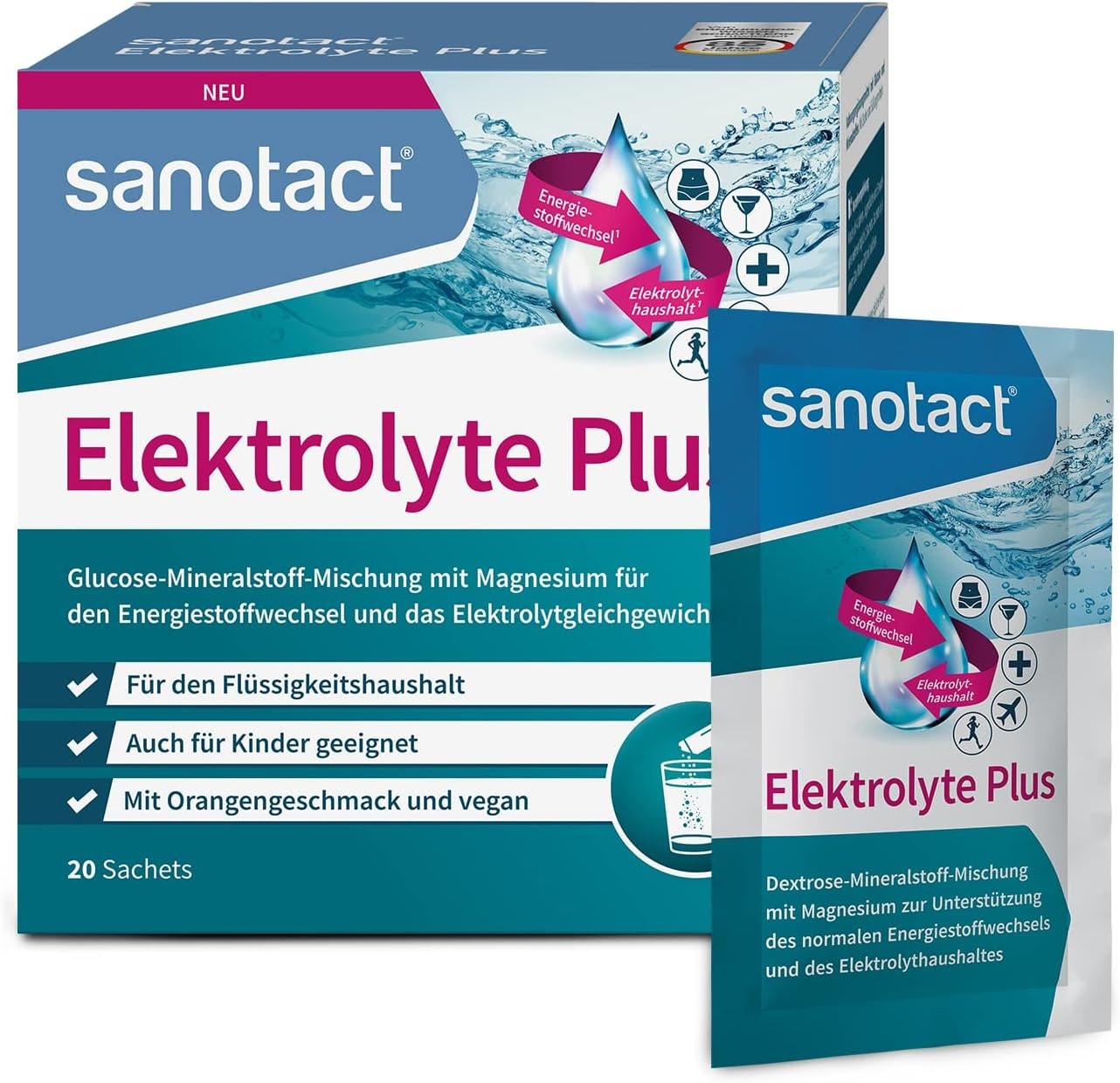 Produktbild von Bewertung sanotact Elektrolyte Plus Elektrolyt Pulver mit Kalium und Magnesium 20 Sachets mit Orangengeschmack und vegan