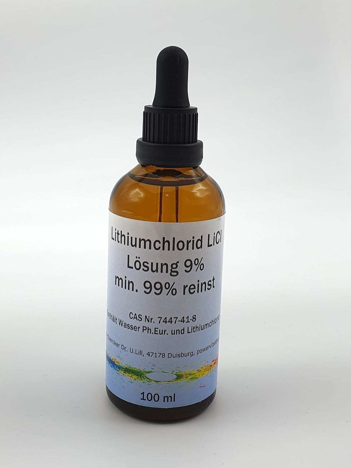 Produktbild von Bewertung Powervitalshop 24 Lithiumchlorid wässrige Lösung 9% min. 99% reinst 100ml in Pipettenglasflasche für Laborzwecke