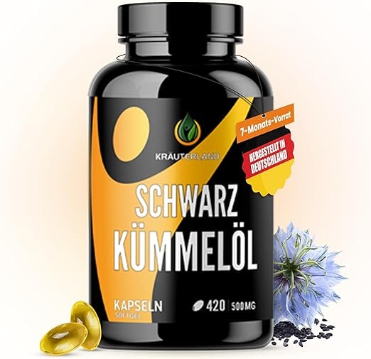 Produktbild von Bewertung Kräuterland 420 kaltgepresste Ägyptische Schwarzkümmelöl Kapseln hochdosiert und gefiltert 1000mg Tagesdosis Deutsche Premium Qualität