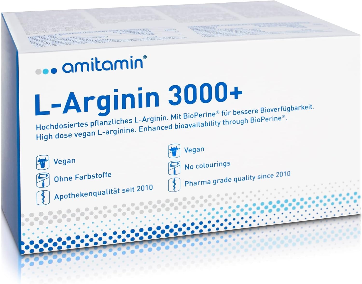Produktbild von Bewertung amitamin L-ARGININ 3000+ 120 Kapseln deutsche Apothekenqualität hochdosiert 3000mg 100% Vegan ohne unerwünschte Zusätze für den aktiven Mann