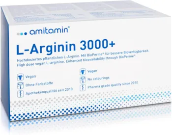 Produktbild von Bewertung amitamin L-ARGININ 3000+ 120 Kapseln deutsche Apothekenqualität hochdosiert 3000mg 100% Vegan ohne unerwünschte Zusätze für den aktiven Mann