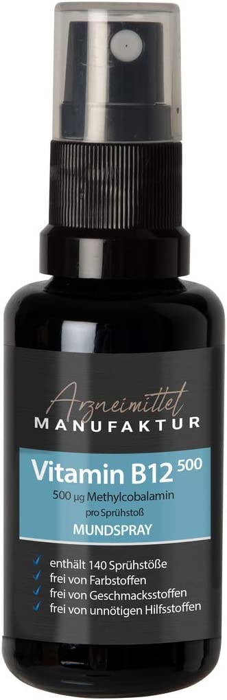 Produktbild von Bewertung Manuthek Vitamin B12 Mundspray Vegan Hochdosiert 500µg Methylcobalamin 7 Wo Bedarf Entwickelt in deutscher Apotheke alkoholfrei ohne Zucker geeignet für Schwangere & Kinder