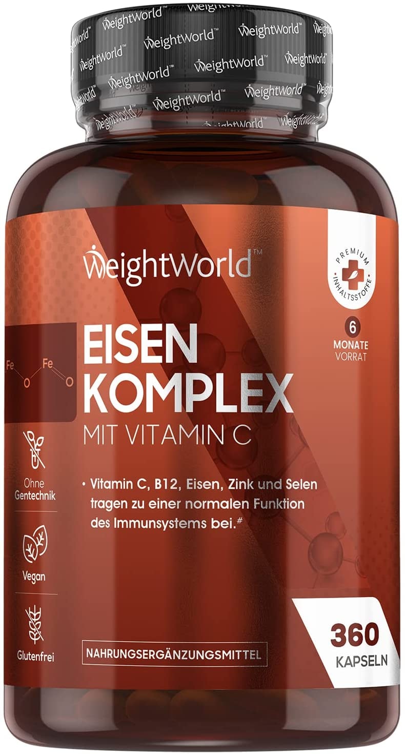 Produktbild von WeightWorld Eisen mit Vitamin C 14mg Eisen, 20mcg Vitamin B12, 5mg Zink und 40mcg Selen - 360 Kapseln für 6 Monate Vorrat - Mit Vitamin C, Traubenkernextrakt, Ingwer & Kurkuma - Veganer Multivitamin Komplex