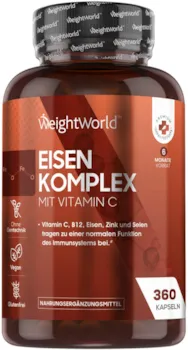 Produktbild von WeightWorld Eisen mit Vitamin C 14mg Eisen, 20mcg Vitamin B12, 5mg Zink und 40mcg Selen - 360 Kapseln für 6 Monate Vorrat - Mit Vitamin C, Traubenkernextrakt, Ingwer & Kurkuma - Veganer Multivitamin Komplex