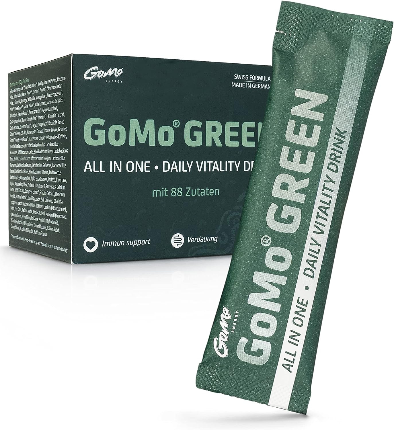 Produktbild von Bewertung GoMo GREEN All in One Daily Vitality Drink mit Spirulina aus Österreich zur Verbesserung der Leistungsfähigkeit & Konzentration deine tägliche Greens Energie made in Germany 30 Portionen