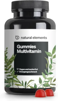 Produktbild von Bewertung natural elements Gummies Multivitamin 120 fruchtige Gummibärchen natürliches Aroma mit 12 Vitaminen und Mineralstoffen (Vitamin C, D3, Biotin, Folsäure, Zink & mehr) in Deutschland produziert & laborgeprüft