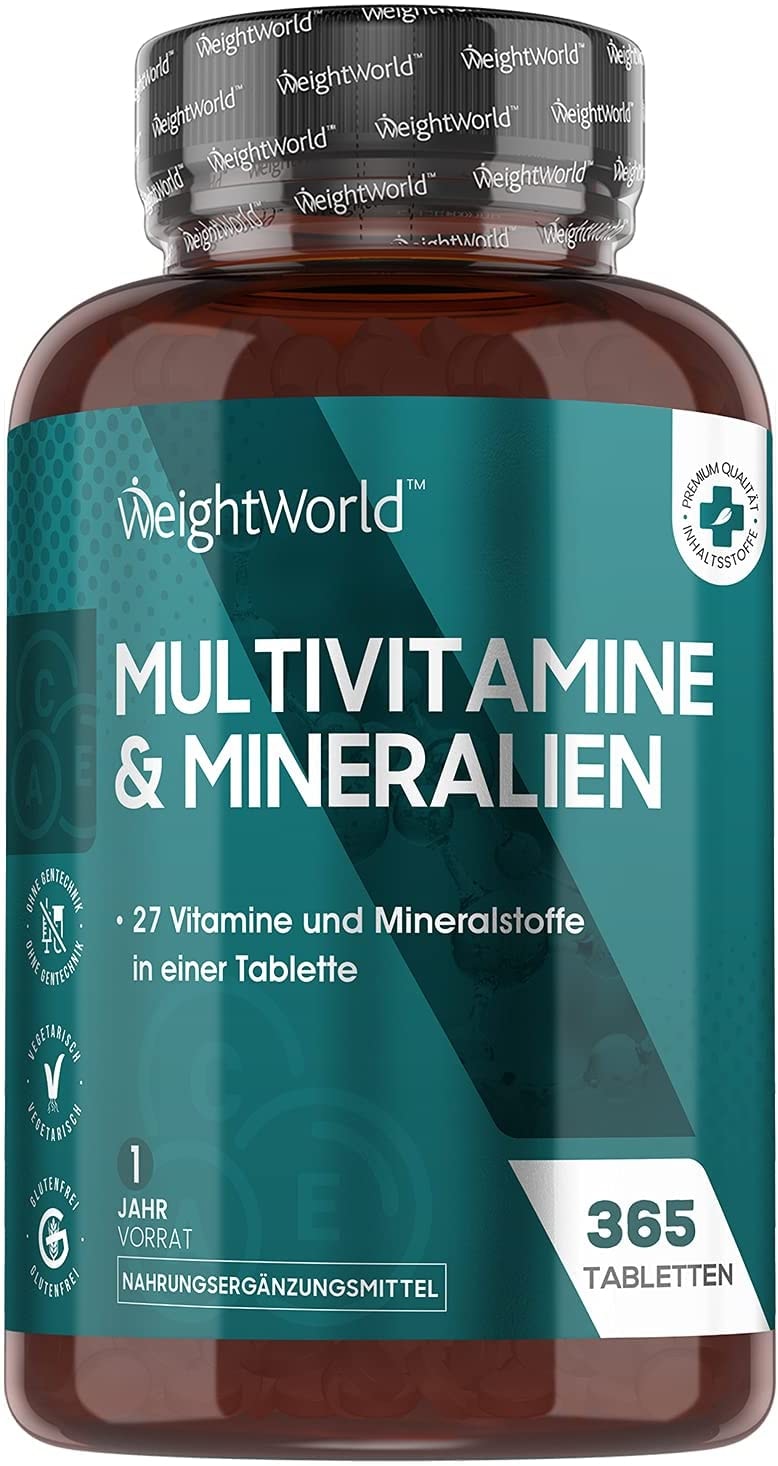 Produktbild von WeightWorld - Multivitamine & Mineralien mit Vitamin C, D3, B Komplex, Magnesium, Zink, Eisen, Biotin - 365 Vegetarische Tabletten mit 1 Jahr Vorrat - A bis Z Vitamine - Natürliche Inhaltsstoffe