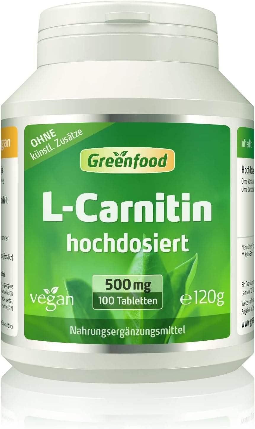 Produktbild von Bewertung Greenfood L-Carnitin 500 mg hochdosiert 100 Tabletten vegan gewonnen durch Fermentation ohne künstliche Zusätze ohne Gentechnik