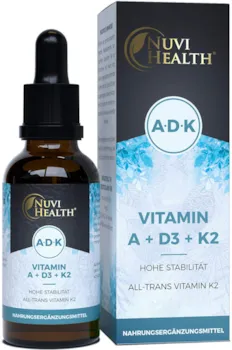 Produktbild von Nuvi Health Vitamin A + D3 + K2 Tropfen - 50 ML - Premium: 99,7+% All-Trans (K2VITAL® von Kappa) + hoch bioverfügbares Vitamin D3 + A (Retinol) - Flüssig - Laborgeprüfte Qualität