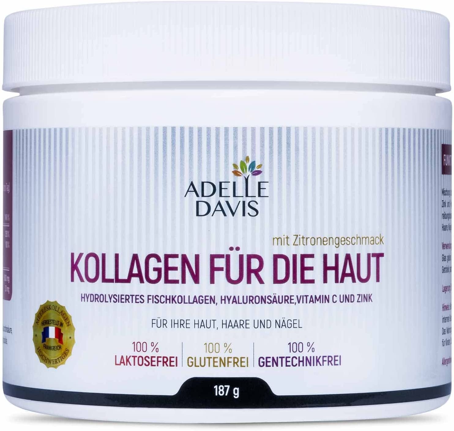 Produktbild von Adelle Davis Kollagen für die Haut Collagen gegen Falten Collagen Pulver für die Schönheit Collagen Typ 1 und 3 | Hyaluronsäure + Vitamin C + Zinc | 187g