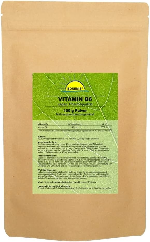 Produktbild von Bewertung Bonemis Vitamin B6 Pulver Pyridoxin zertifiziert ohne Zusatzstoffe im umweltfreundlichen Beutel aus Kraftpapier Bonemis® 100 g