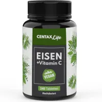 Produktbild von CentaxPharma Life Eisen hochdosiert + Vitamin C - 240 VEGAN Eisen Tabletten mit 40 mg Vitamin C, Iron Supplement, Eisen Vegan, Eisen Vitamin C, Eisenpräperate