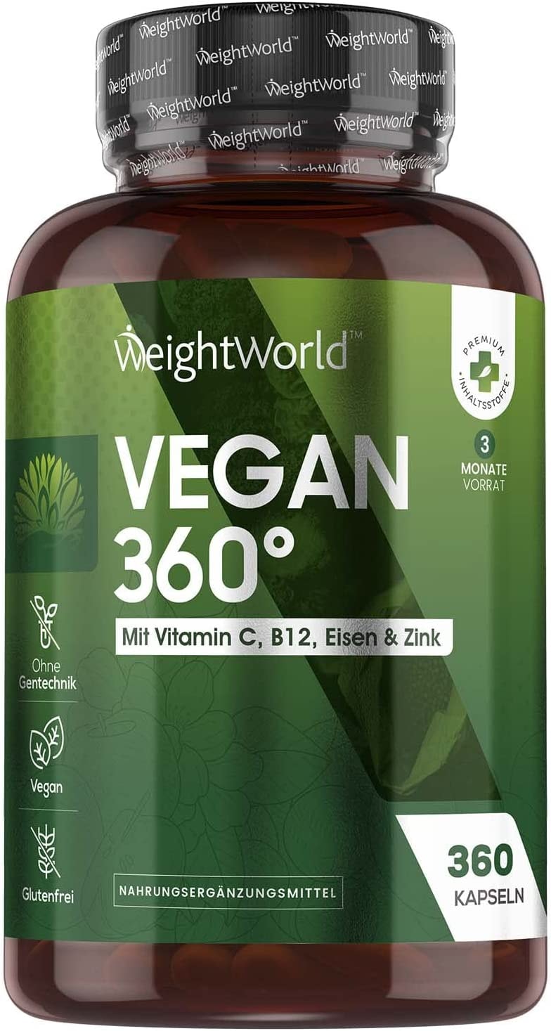 Produktbild von WeightWorld - Veganes Multivitamin - 360 Kapseln - Veganer & Vegetarier Vitamine für 3 Monate - 40mcg Vitamin B12, 28mg Eisen, 10mg Zink und 80mcg Selen - Mit Vitamin C, Traubenkernextrakt, Ingwer & Kurkuma