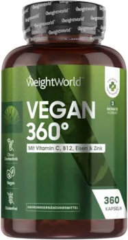Produktbild von WeightWorld - Veganes Multivitamin - 360 Kapseln - Veganer & Vegetarier Vitamine für 3 Monate - 40mcg Vitamin B12, 28mg Eisen, 10mg Zink und 80mcg Selen - Mit Vitamin C, Traubenkernextrakt, Ingwer & Kurkuma