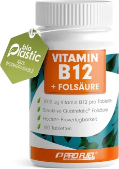Produktbild von Bewertung ProFuel VITAMIN B12 Tabletten 180x mit 1000µg Vit B12 und FOLSÄURE 400µg, hochdosiertes Methylcobalamin B12 + bioaktive Quatrefolic® Folsäure, ohne unerwünschte Zusätze, laborgeprüft & zertifiziert, 100% vegan