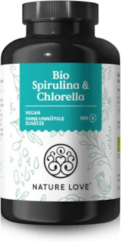 NATURE LOVE Bio Spirulina Bio Chlorella je 3000mg Spirulina Chlorella pro Tagesdosis 500 Tabletten Ohne Zusätze und Bio zertifiziert Hochdosiert laborgeprüft und vegan