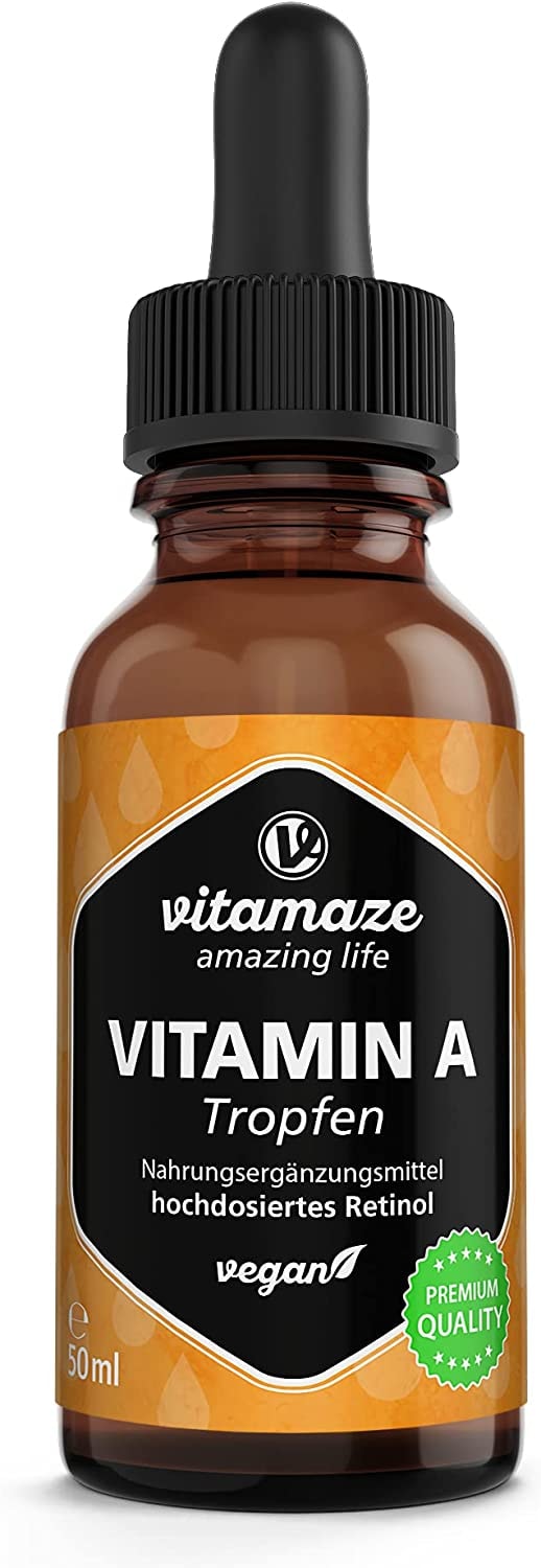 Vitamaze Vitamin A Retinol Tropfen hochdosiert 5000 IE pro Tagesdosis, 50 ml (1700 Tropfen), Retinol flüssig & vegan, Natürliche Nahrungsergänzung ohne Zusatzstoffe, hohe Bioverfügbarkeit, Made in Germany
