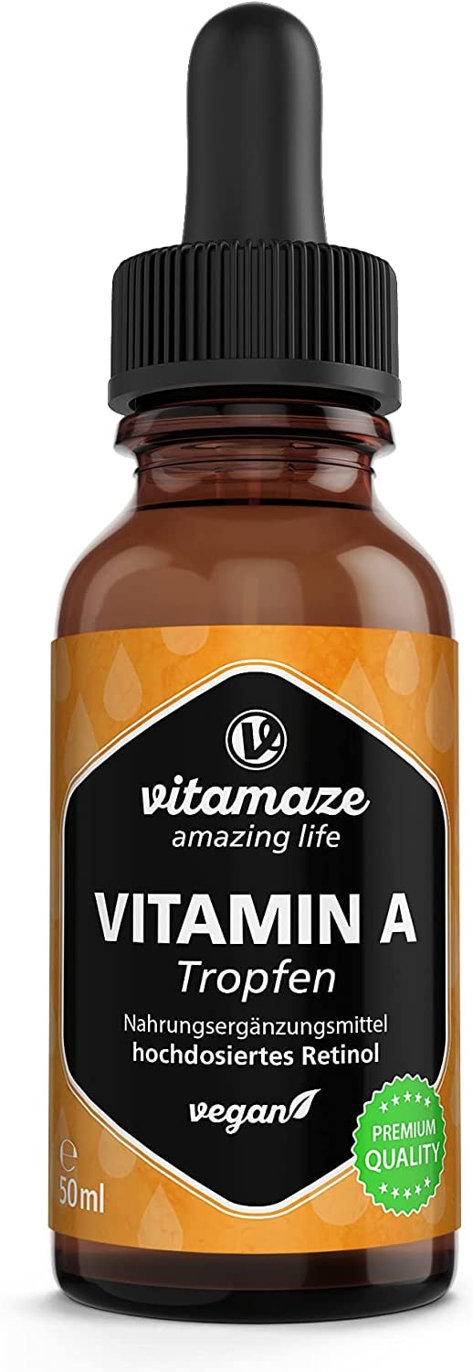 Produktbild von Bewertung Vitamaze amazing life Vitamin A Retinol Tropfen hochdosiert 5000 IE pro Tagesdosis 50 ml 1700 Tropfen Retinol flüssig vegan Natürliche Nahrungsergänzung ohne Zusatzstoffe hohe Bioverfügbarkeit Made in Germany