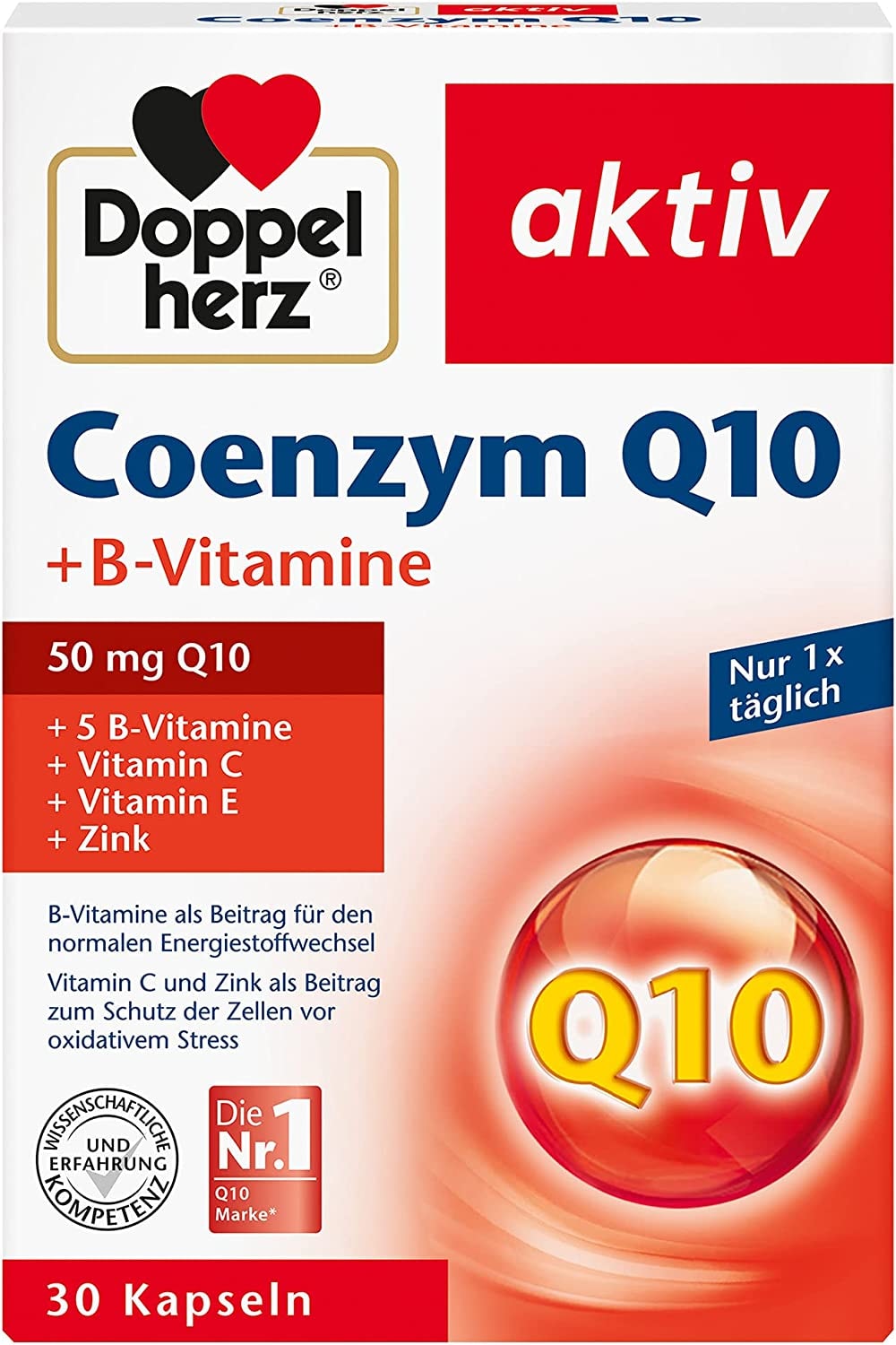 Produktbild von Doppelherz Coenzym Q10 + B-Vitamine – mit Zink, Vitamin B6, B12 und C als Beitrag zur normalen Funktion des Immunsystems – 30 Kapseln