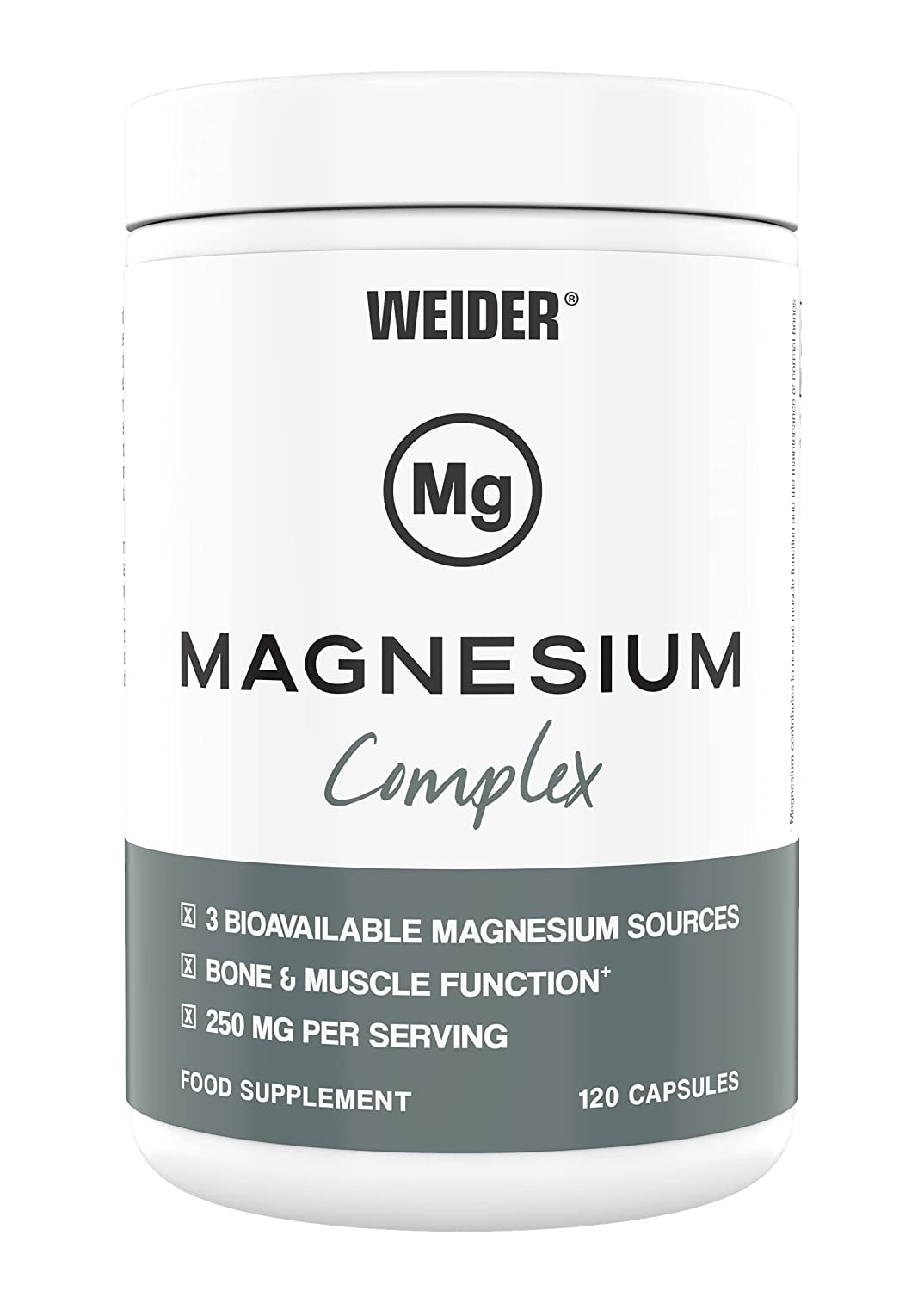 Produktbild von WEIDER - Magnesium Complex, Komplex mit 3 bioverfügbaren Magnesiumquellen: Magnesiummalat, Magnesiumcitrat und Magnesiumbisglycinat, für Nervensystem, Muskulatur und Energiestoffwechsel, 120 Kapseln