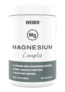 Produktbild von WEIDER - Magnesium Complex, Komplex mit 3 bioverfügbaren Magnesiumquellen: Magnesiummalat, Magnesiumcitrat und Magnesiumbisglycinat, für Nervensystem, Muskulatur und Energiestoffwechsel, 120 Kapseln