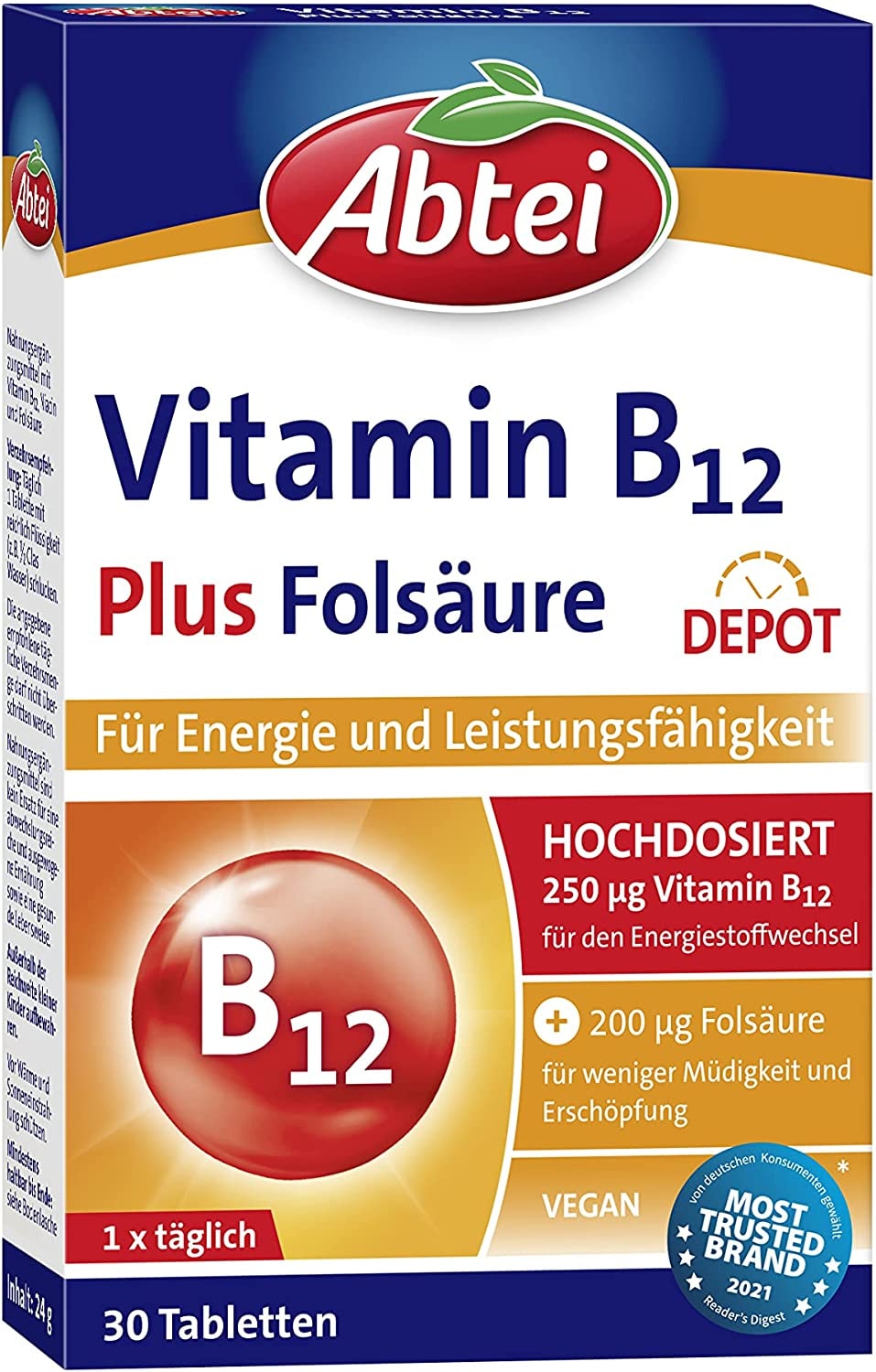 Produktbild von Abtei Vitamin B12 plus Folsäure - für Energie und Leistungsfähigkeit - hochdosiert mit 250µg Vitamin B12 und 200µg Folsäure, 1 x 30 Tabletten
