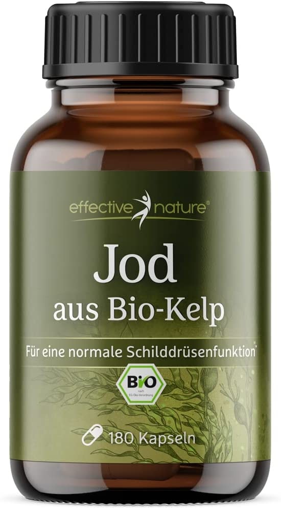 Produktbild von effective nature Hochdosierte Jod Kapseln 180 Kapseln, 6-Monatsvorrat Natürliches Jod aus Bio-Kelp 150 mcg Jod pro Kapsel Für die Normale Schilddrüsenfunktion
