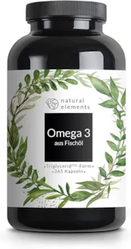 Produktbild von Omega 3 (365 Kapseln) - 1000mg Fischöl pro Kapsel mit EPA und DHA (in Triglycerid-Form) - Laborgeprüft, aufwendig aufgereinigt und aus nachhaltigem Fischfang